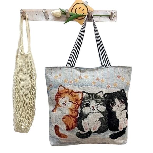 Retail $40 Canvas Embroidered 3 Kitten Tote*Gorgeous*Sprinkled with Gold - Picture 1 of 1